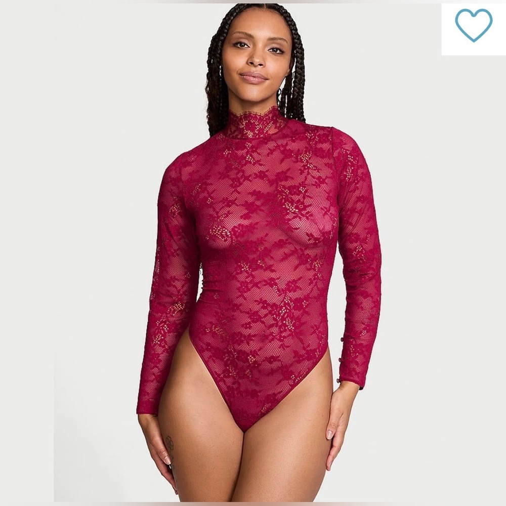Victoria's‎ Secret Lace Bodysuit Women's Size M Long Sleeve Open Back Sheer Red